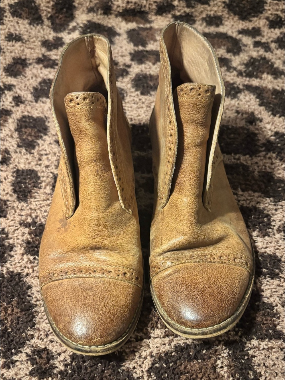 Wittner Rustic Distressed Tan Leather Brogue Slip-On Ankle Booties